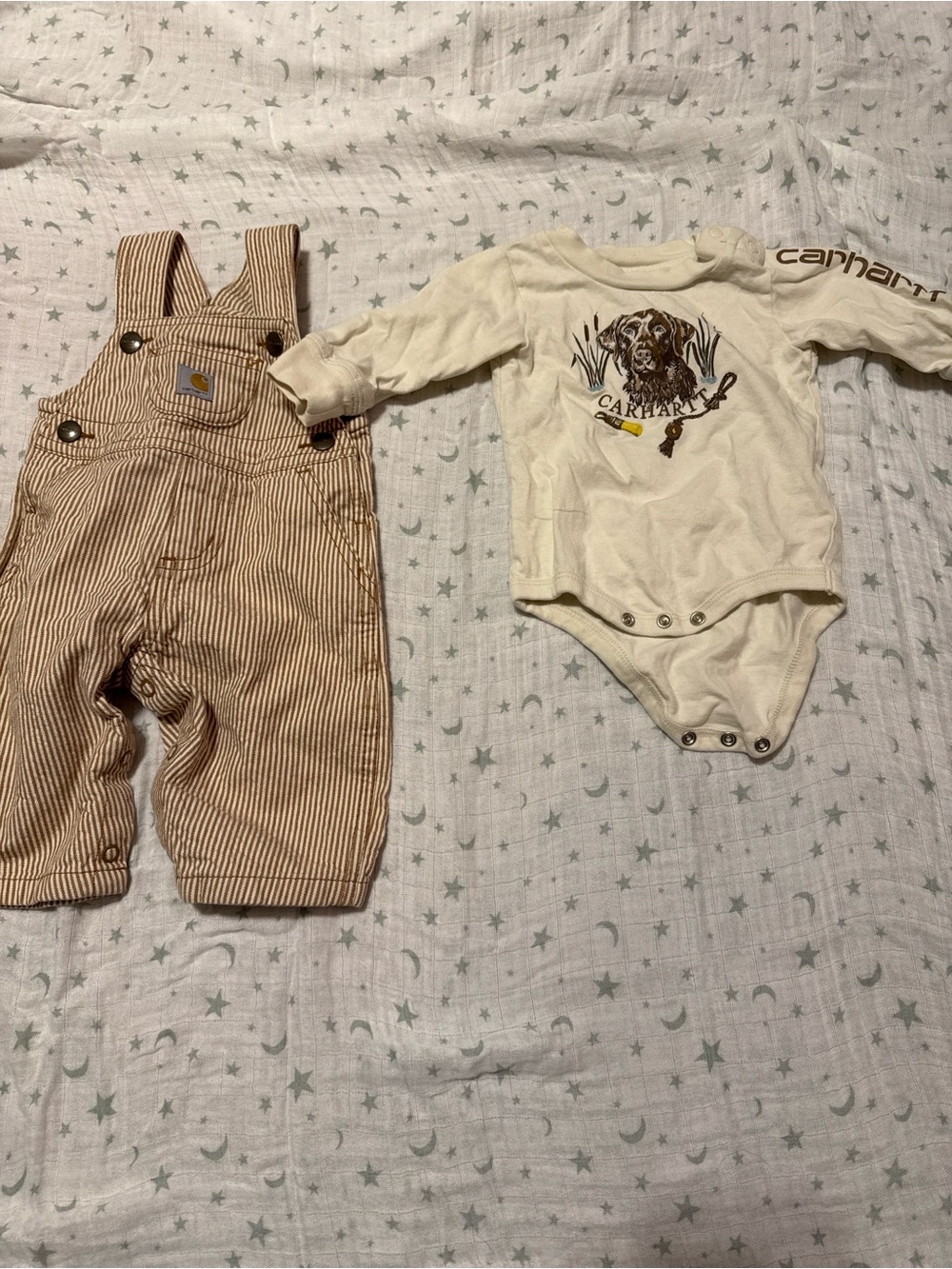 Carhartt Baby Brown Striped Overalls & Cream Dog Graphic Bodysuit